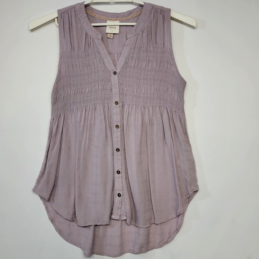 Knox Rose Shirt Womens Medium Purple Sleeveless Button Front Smocked